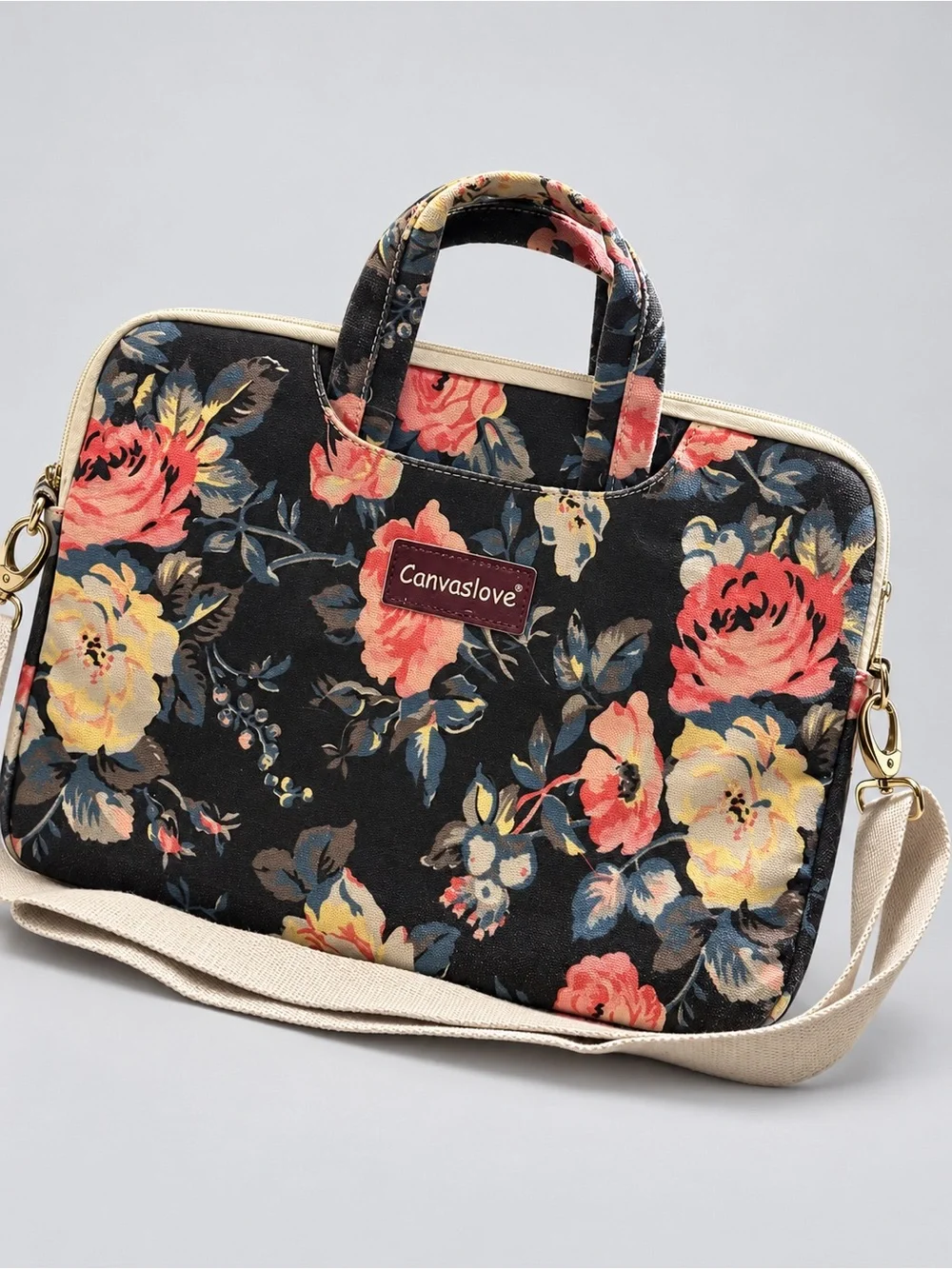 Bella Canvas Black Floral Laptop Tote with Pink and Cream Roses